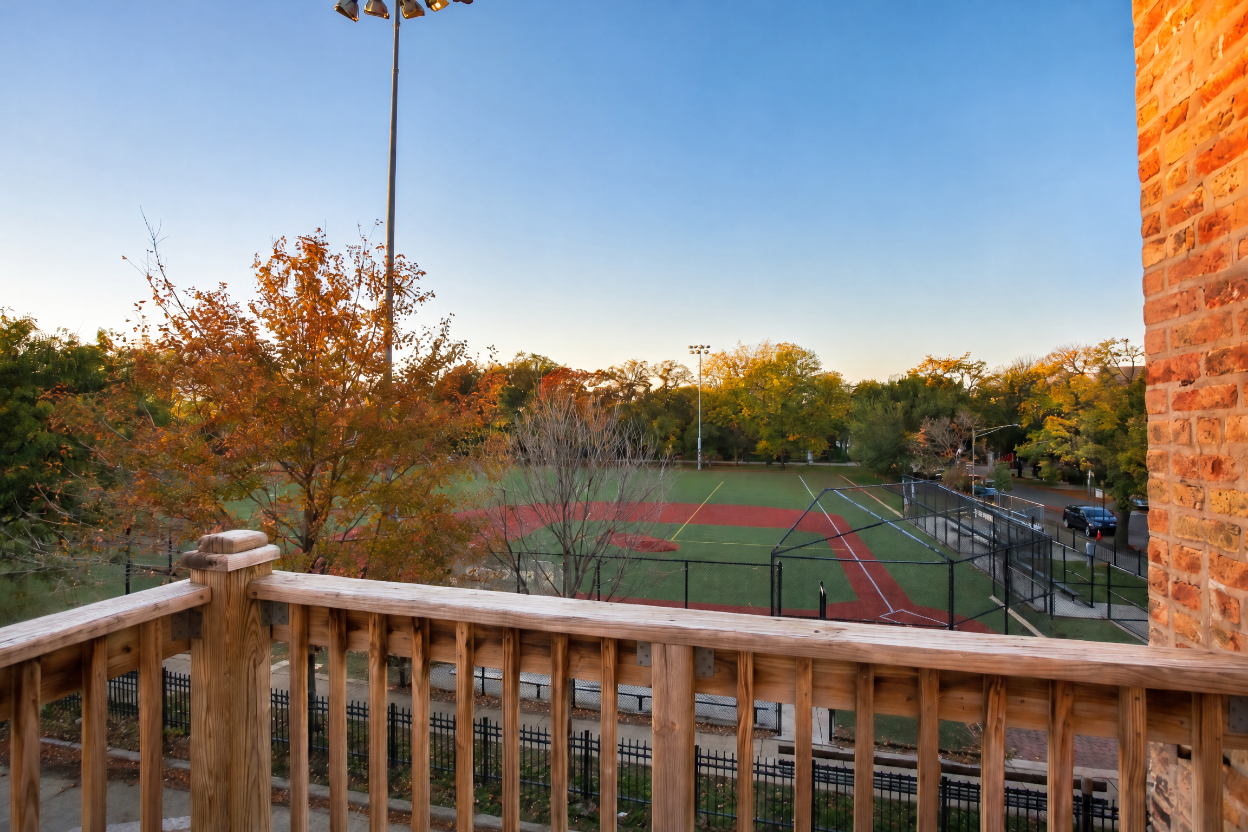 1077 W Polk #2 — porch view of Sheridan Park baseball field