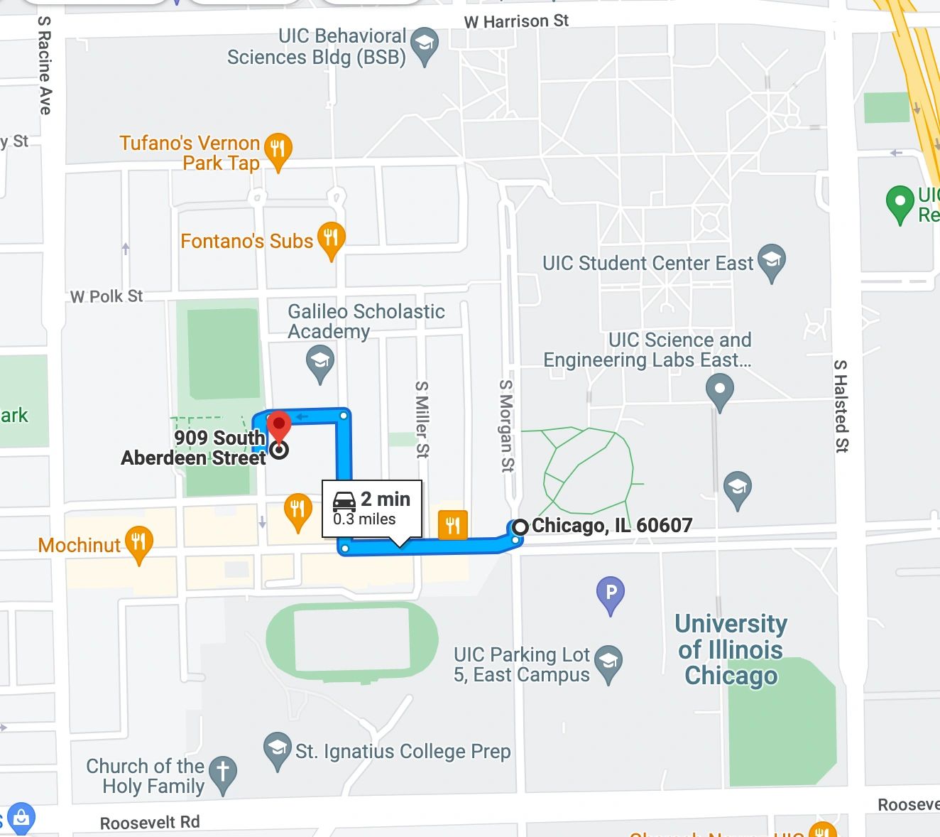 Map showing 909 S Aberdeen Street, Chicago — 2 minute walk to UIC campus